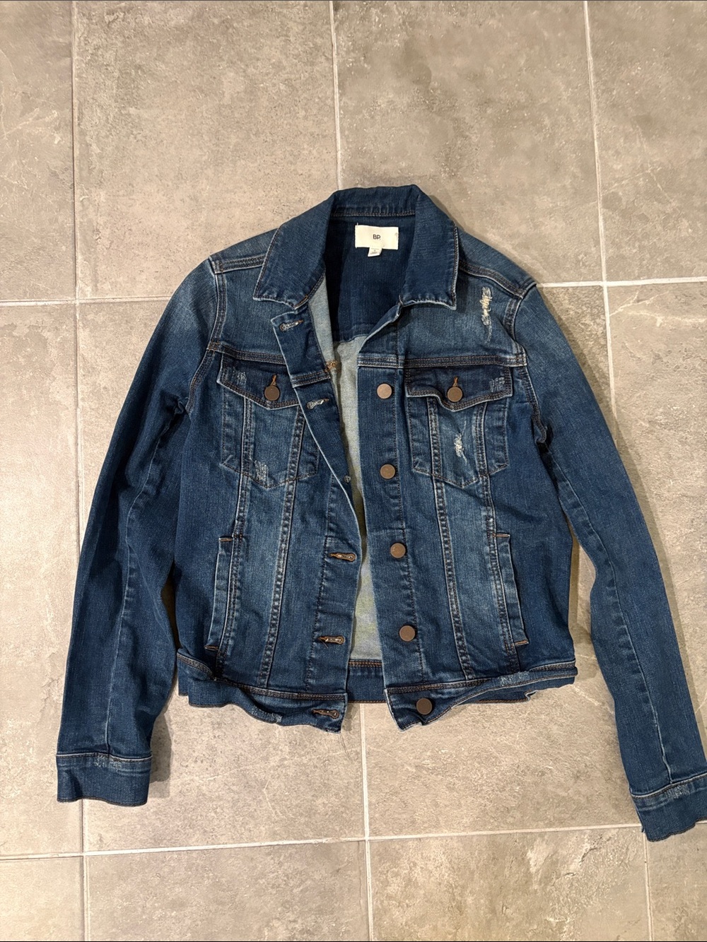 bp Dark Blue Distressed Denim Jacket with Button Front
